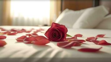 Rose sur le lit dans le Hôtel pièces. Rose et sa pétales sur le lit pour une romantique soir. voyage de noces concept. ai génératif photo