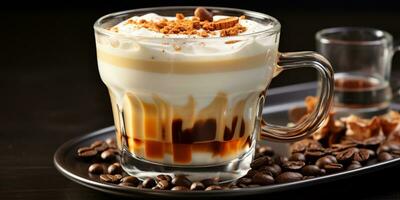 café dans une transparent verre, une tasse avec Lait mousse photo