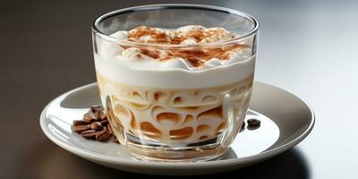 café dans une transparent verre, une tasse avec Lait mousse photo