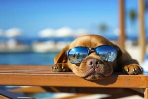 chien chiot portant des lunettes de soleil, mensonge sur une transat à bain de soleil à le plage mer sur été vacances, vacances. marrant concept. ai génératif photo