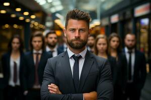 ai génératif groupe de content affaires homme et affaires femmes, habillé dans costume sont souriant, dans le Bureau photo