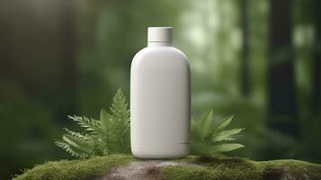 Naturel cosmétique produit présentation coulisses. en plein air forêt placement. blanc Vide pot shampooing bouteille. 3d. ai génératif photo