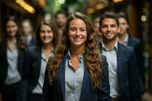 ai génératif groupe de content affaires homme et affaires femmes, habillé dans costume sont souriant, dans le Bureau photo