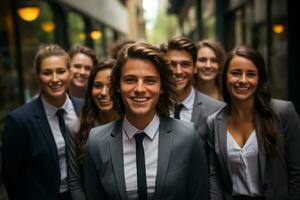 ai génératif groupe de content affaires homme et affaires femmes, habillé dans costume sont souriant, dans le Bureau photo