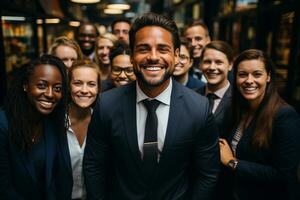 ai génératif groupe de content affaires homme et affaires femmes, habillé dans costume sont souriant, dans le Bureau photo