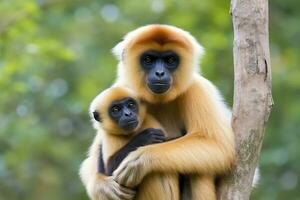 proche image de joue gibbon singe mère avec une enfant dans le forêt. génératif ai photo