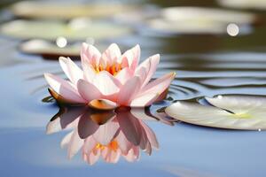 une flottant lotus fleur sur le calme surface de une étang symbolise le potentiel pour transformation et spirituel croissance par le entraine toi de méditation et pleine conscience. ai génératif photo