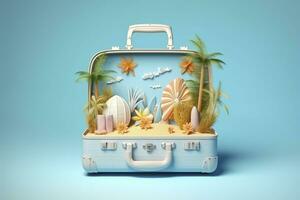 Créatif été plage composition dans valise sur bleu arrière-plan, une Voyage concept idée dans 3d le rendu. ai génératif photo