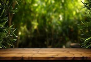 ai génératif en bois table sur bambou plante Contexte réaliste image ultra HD haute conception très détaillé photo