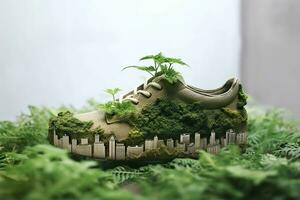 une photo a été pris chaussure avec verdure et ville , carbone empreinte concept. ai génératif