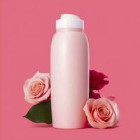 amazone produit image corps laver, cylindre bouteille solide Couleur rose arrière-plan, avec des roses, ai génératif photo
