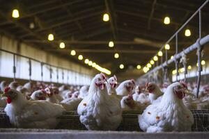 poulet ferme pour croissance gril poulets à le âge de un et une moitié mois, ai génératif photo