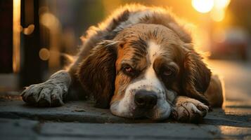 triste chien mensonge sur le rue photo