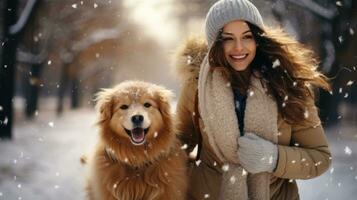 fille en marchant avec sa chien dans hiver parc photo