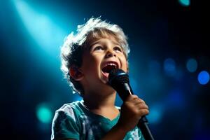 une enfant nerveusement saisissant une microphone isolé sur une projecteur pente Contexte photo