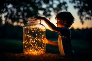 une enfant capturer une luciole dans une pot isolé sur une crépuscule pente Contexte photo