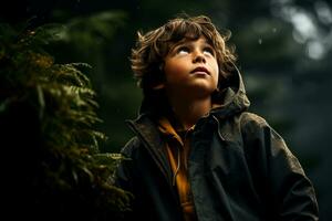 une enfant regarder bravement à une foncé forêt isolé sur une de mauvaise humeur pente Contexte photo