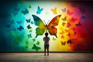 une enfant inspecter une coloré papillon isolé sur une arc en ciel pente Contexte photo