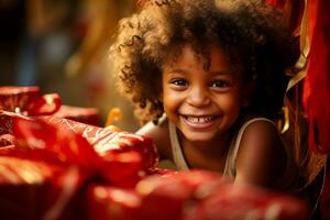 enfant yeux éclairer comme elles ou ils déballer une longue attendu présent joyeusement photo