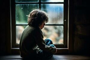 solitaire enfant séance par le fenêtre perdu dans Profond silencieux pensée photo