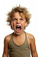 une Célibataire enfant en hurlant dans frustration isolé sur une blanc Contexte photo
