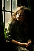 solitaire enfant séance par le fenêtre perdu dans Profond silencieux pensée photo