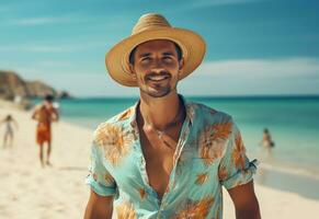 ai génératif retour vue Jeune touristique homme dans été robe et chapeau permanent sur magnifique sablonneux plage. profiter. photo