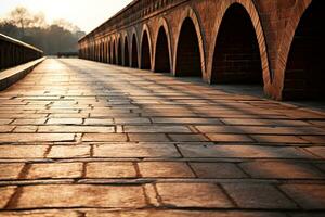 ombre lignes de un vieux brique pont à lever du soleil Contexte avec vide espace pour texte photo