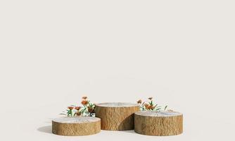 podium d'affichage de produits en bois avec des feuilles de nature sur fond pastel. rendu 3D