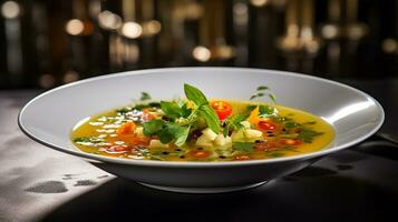 photo de légume soupe comme une plat dans une haut de gamme restaurant. génératif ai