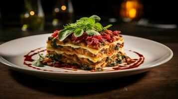 photo de végétalien lasagne comme une plat dans une haut de gamme restaurant. génératif ai