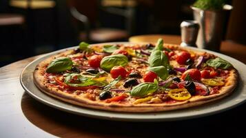 photo de végétalien Pizza comme une plat dans une haut de gamme restaurant. génératif ai