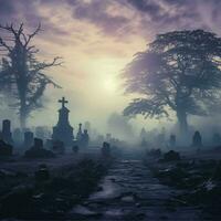 une hanté cimetière scène émerge de le brouillard avec pierres tombales silhouette contre un sinistre violet et gris pente toile de fond photo