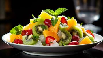 photo de tropical fruit salade avec citron vert-menthe pansement comme une plat dans une haut de gamme restaurant. génératif ai