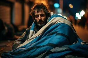 sans abri la personne en train de dormir sur le trottoir enveloppé dans le Argentine drapeau photo