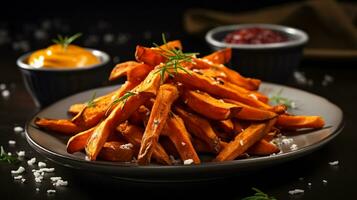 photo de sucré Patate frites comme une plat dans une haut de gamme restaurant. génératif ai