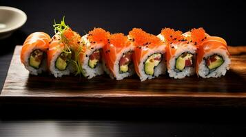 photo de Sushi Rouleaux comme une plat dans une haut de gamme restaurant. génératif ai