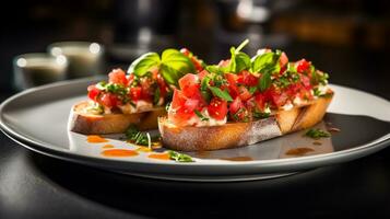 photo de été Bruschetta comme une plat dans une haut de gamme restaurant. génératif ai