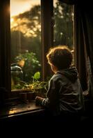 solitaire enfant séance par le fenêtre perdu dans Profond silencieux pensée photo