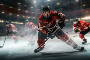 le hockey joueur est en jouant le hockey dans le stade photo