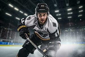 le hockey joueur est en jouant le hockey dans le stade photo