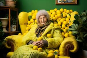 vieux femme dans confortable plaid fabriqué de citrons et gingembre photo