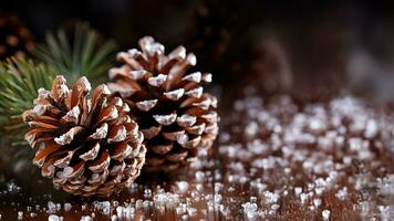 classique Noël pin cônes saupoudré avec faux neige magnifiquement groupé isolé sur une rustique marron pente Contexte photo