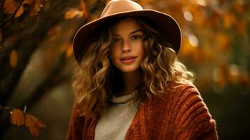 une femme dans une confortable énorme chandail pose parmi déchue feuilles mettant en valeur le parfait mélange de style et la nature photo