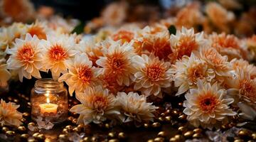 élégant floral décorations enrichissant le sacré ambiance pendant diwali puja cérémonies photo