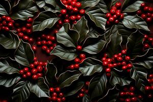 brillant houx feuilles créer une frappant faible le soulagement contre une toile de fond de de fête rouge teintes photo