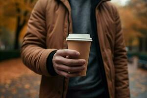 une homme en portant une tasse de café dans le sien main. ai généré. photo
