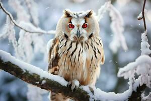 une majestueux neigeux hibou perché sur une branche avec étourdissant rouge yeux. ai généré. photo