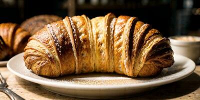 ai génératif. exquis français des croissants servi sur une rustique en bois table plat, une délectable goût de Parisien indulgence photo