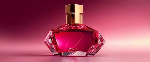 ai génératif. 3d numérique illustration magnifique parfum bouteille dans luxueux verre ou cristal, contre une Contexte dans rose et violet tons, combiner mat La peinture techniques photo